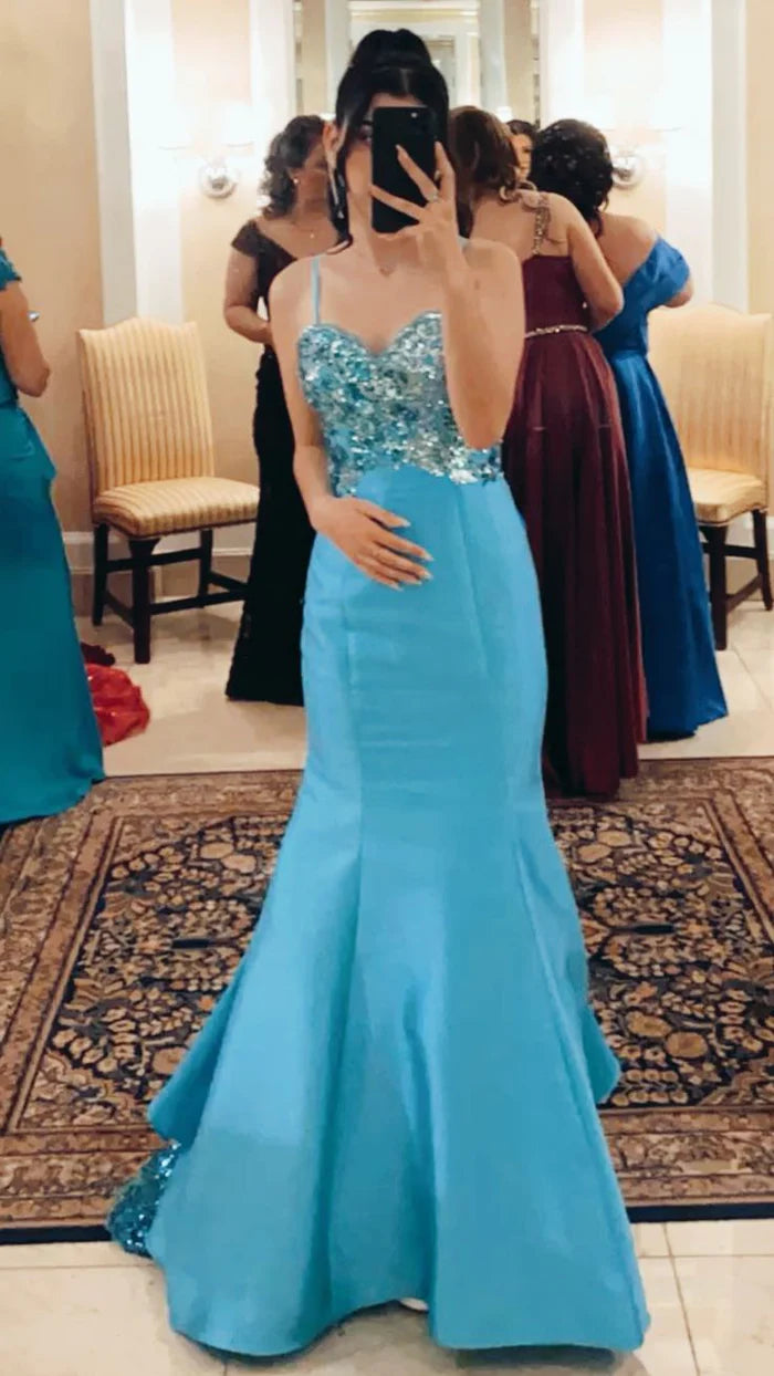 Elegant Spaghetti Strap Mermaid Long Prom Dresses Satin Blue Evening Gowns ED04686