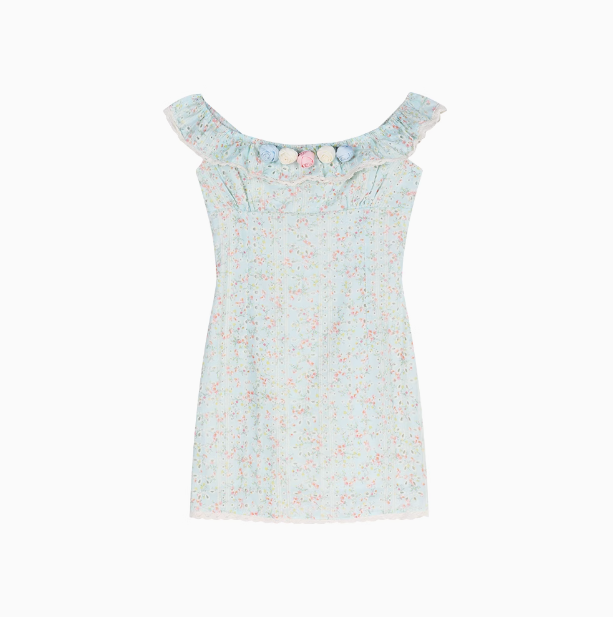 Französisches Teepausenkleid mit zarten Blumenmustern und kleinen fliegenden Ärmeln und quadratischem Ausschnitt ED0468