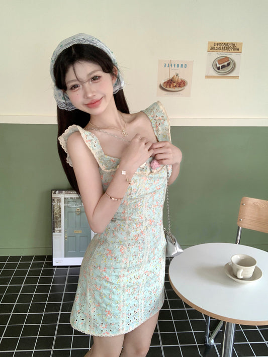French tea break gentle floral small flying sleeve square neck dress ED0468
