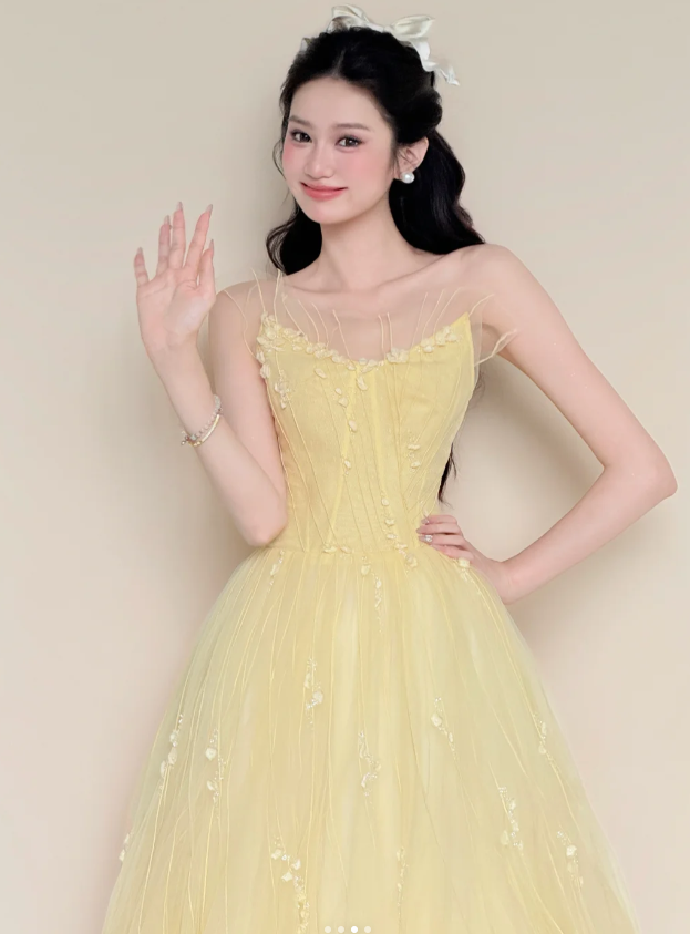 Fairy Strapless A-Line Long Prom Dresses Tulle Yellow Sweet 16 Dress ED04692