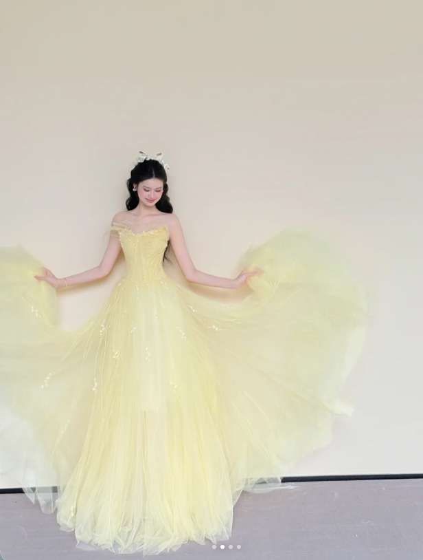 Fairy Strapless A-Line Long Prom Dresses Tulle Yellow Sweet 16 Dress ED04692