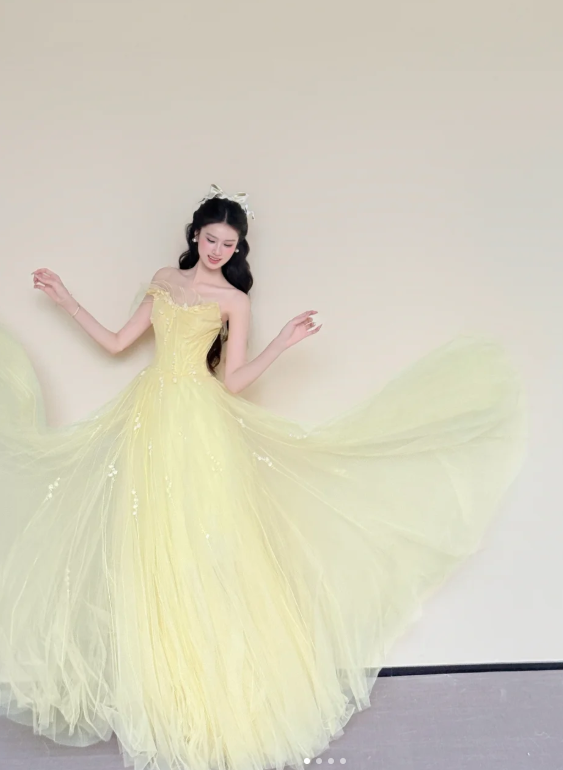 Fairy Strapless A-Line Long Prom Dresses Tulle Yellow Sweet 16 Dress ED04692