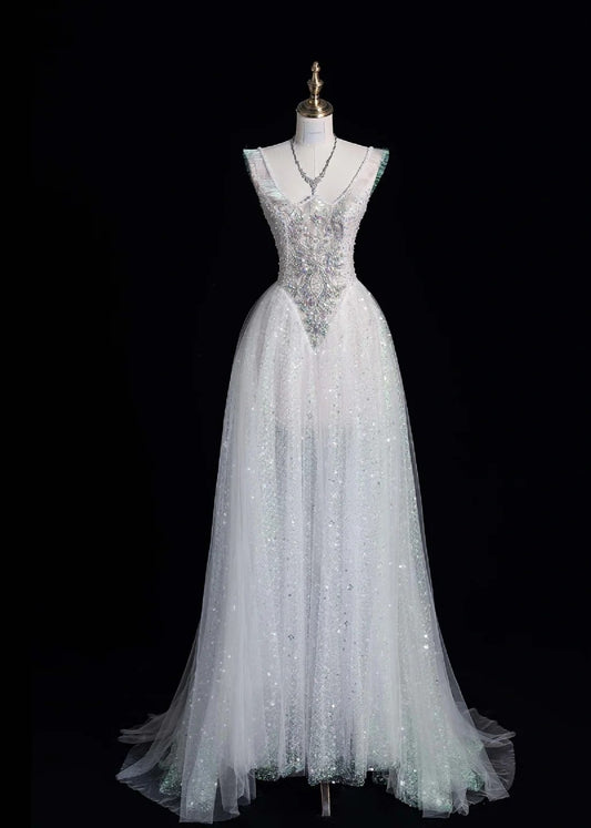Fairy V-neck A-Line Long Prom Dresses Tulle Sequins White Birthday Dresses Sweet 16 Dress ED04696