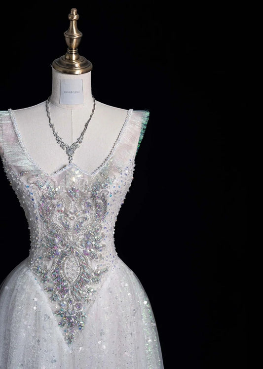 Fairy V-neck A-Line Long Prom Dresses Tulle Sequins White Birthday Dresses Sweet 16 Dress ED04696