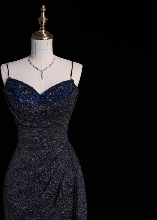 Glam Spaghetti Strap Sheath Long Prom Dresses Glitter Sequin Navy Blue Formal Dresses ED04697