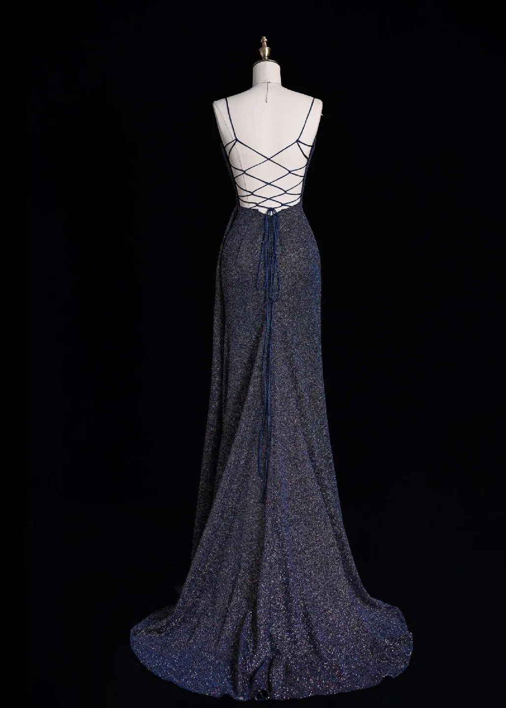 Glam Spaghetti Strap Sheath Long Prom Dresses Glitter Sequin Navy Blue Formal Dresses ED04697