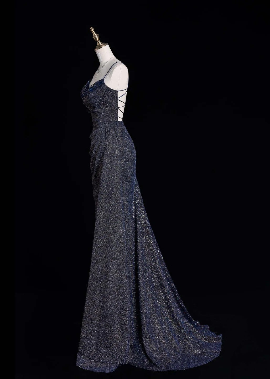 Glam Spaghetti Strap Sheath Long Prom Dresses Glitter Sequin Navy Blue Formal Dresses ED04697
