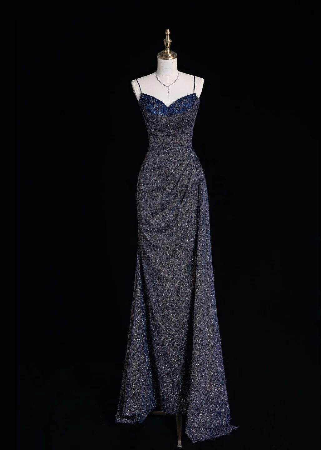 Glam Spaghetti Strap Sheath Long Prom Dresses Glitter Sequin Navy Blue Formal Dresses ED04697