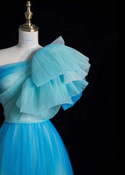 Fairy One Shoulder A-Line Long Prom Dresses Tulle Blue Formal Dresses Sweet 16 Dress ED04698