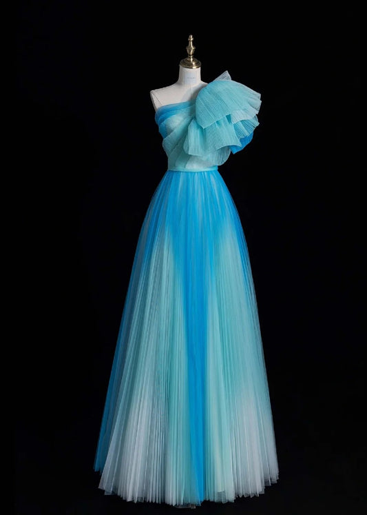 Fairy One Shoulder A-Line Long Prom Dresses Tulle Blue Formal Dresses Sweet 16 Dress ED04698