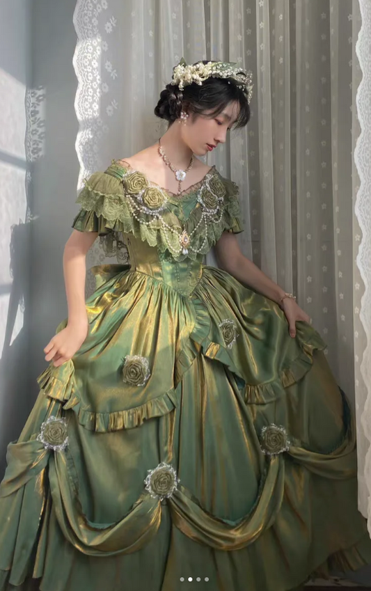 Fairy V-neck A-Line Short Prom Dresses Lace Satin Birthday Dresses Green Lolita Dress ED04702