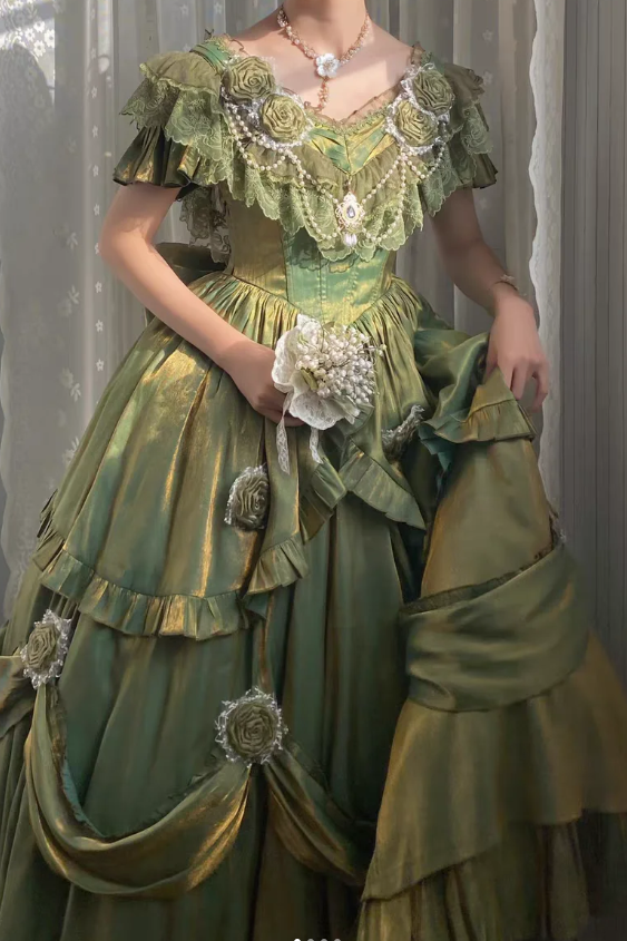 Fairy V-neck A-Line Short Prom Dresses Lace Satin Birthday Dresses Green Lolita Dress ED04702