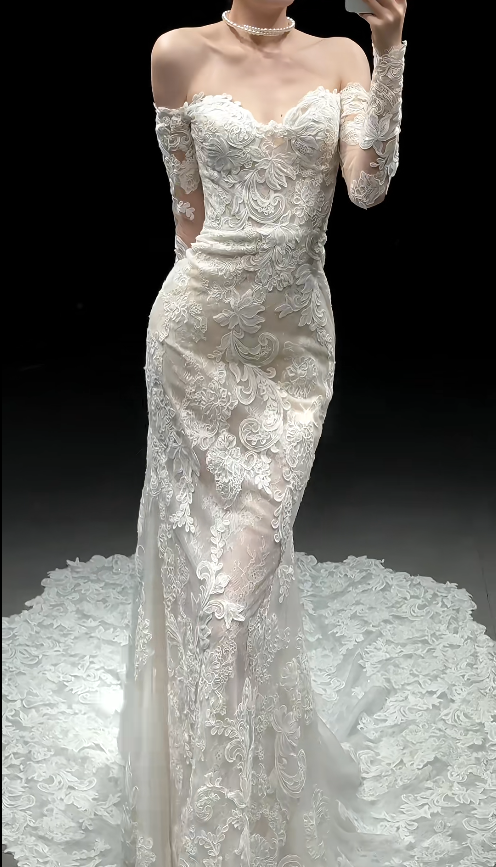 Timeless Off-the-shoulder Mermaid Train Wedding Dresses Lace Applique Bridal Gowns Long Sleeve White Bridal Dresses ED04705