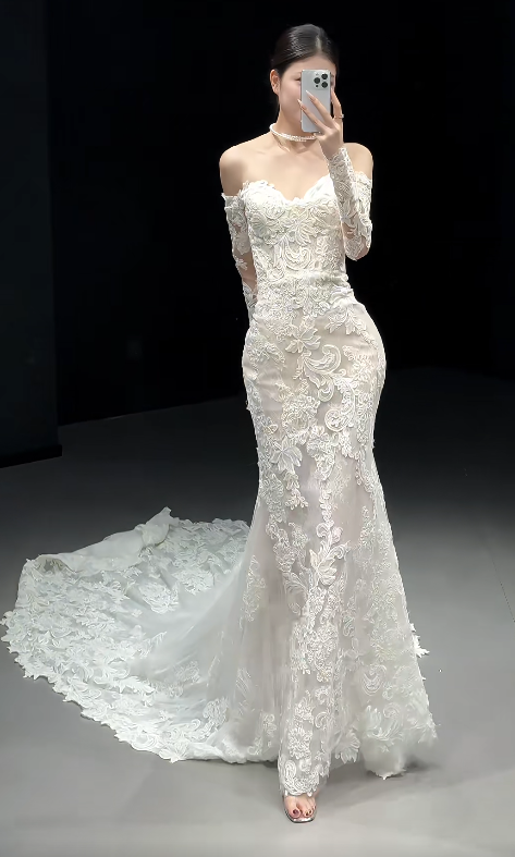 Timeless Off-the-shoulder Mermaid Train Wedding Dresses Lace Applique Bridal Gowns Long Sleeve White Bridal Dresses ED04705
