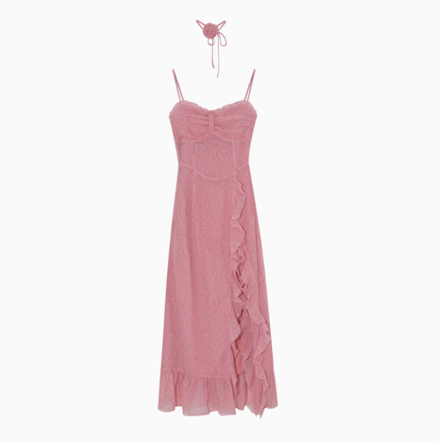 Maxikleid mit Rüschen und Schlitz im French-Rosen-Print, Strumpfhalter ED0471