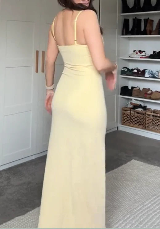 Chic Sheath Long Prom Dresses, Chiffon Butter Yellow Formal Dresses, Spaghetti Straps Birtdhay Dresses ED04710