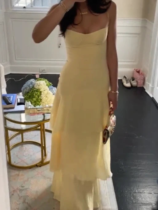 Chic Sheath Long Prom Dresses, Chiffon Butter Yellow Formal Dresses, Spaghetti Straps Birtdhay Dresses ED04710