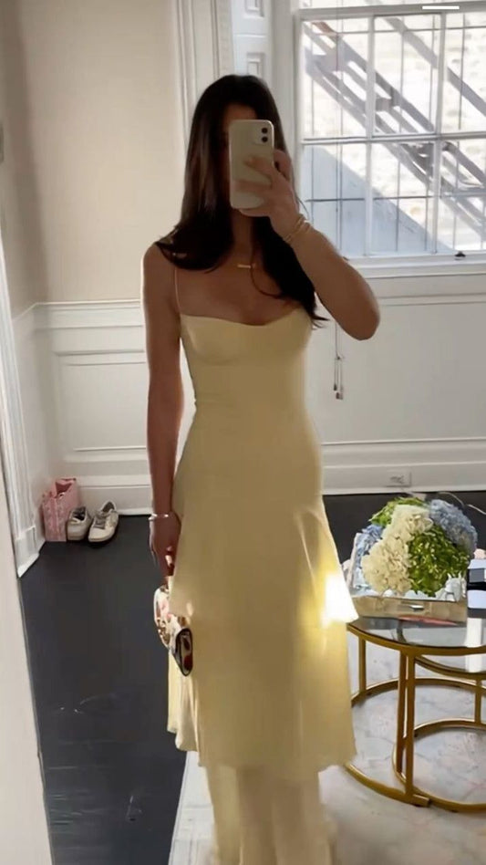Chic Sheath Long Prom Dresses, Chiffon Butter Yellow Formal Dresses, Spaghetti Straps Birtdhay Dresses ED04710