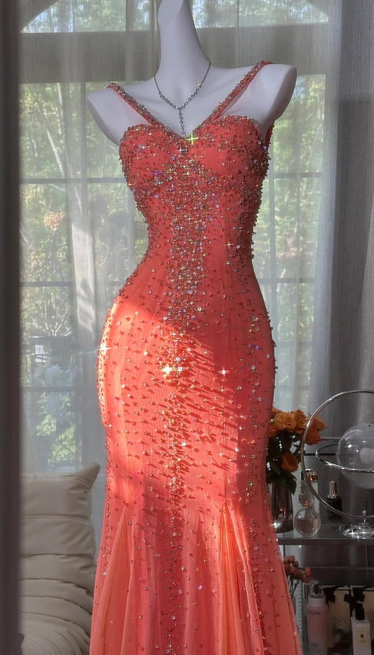 Vintage V-neck Mermaid Long Prom Dresses, Sparkly Chiffon Beaded Coral Formal Dresses ED04711