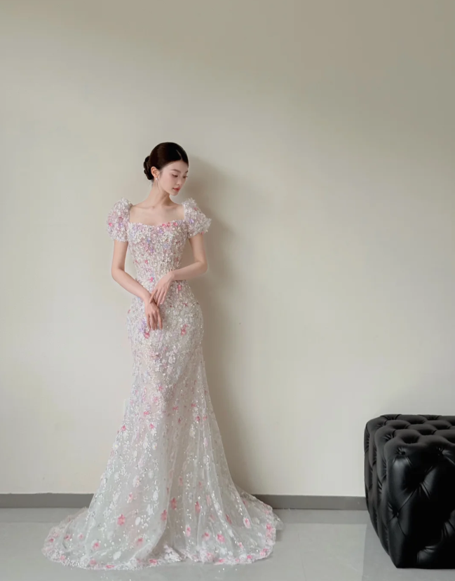 Gorgeous Square Neck Mermaid Long Wedding Dresses Applique Tulle Bridal Gowns Short Sleeve Bridal Dresses ED04718