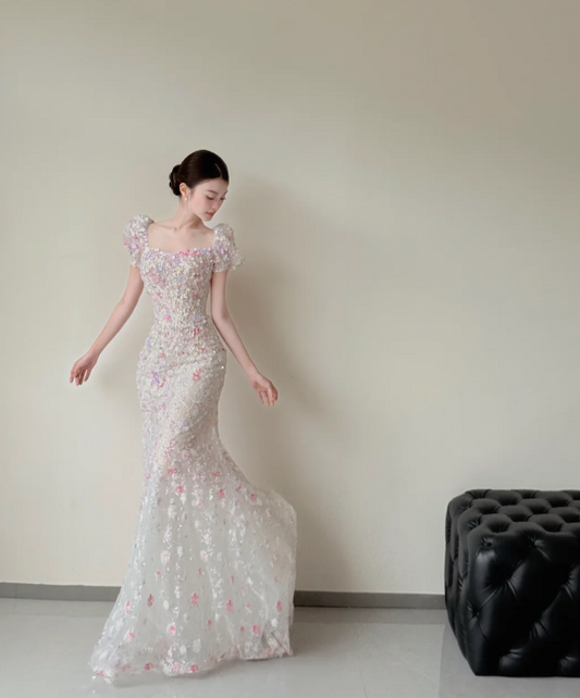 Gorgeous Square Neck Mermaid Long Wedding Dresses Applique Tulle Bridal Gowns Short Sleeve Bridal Dresses ED04718