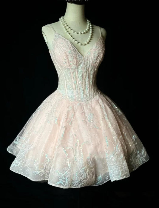 Cute V-neck A-Line Short Prom Dresses Sequin Tulle Pink Homecoming Dresses ED04732