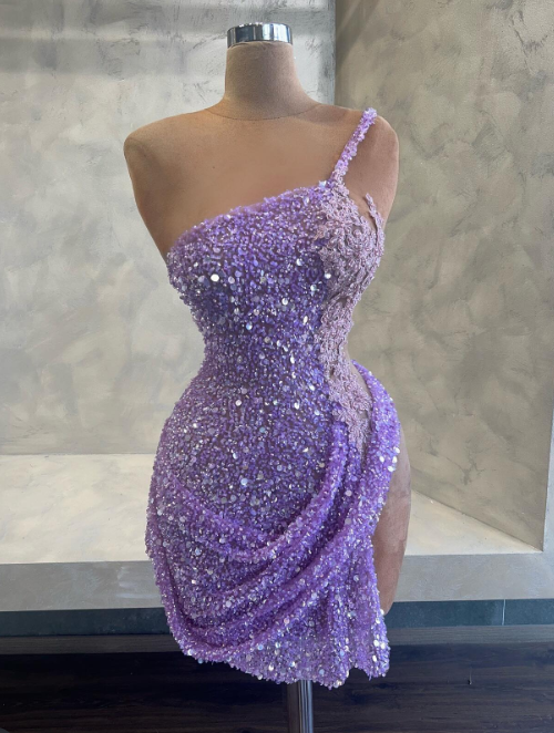 Sexy One Shoulder Bodycon Short Prom Dresses Beaded Purple Birthday Dresses ED04739