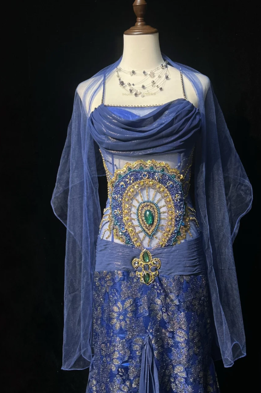 Vintage Spaghetti Strap Sheath Long Prom Dresses Satin Blue Long Formal Dresses ED04742