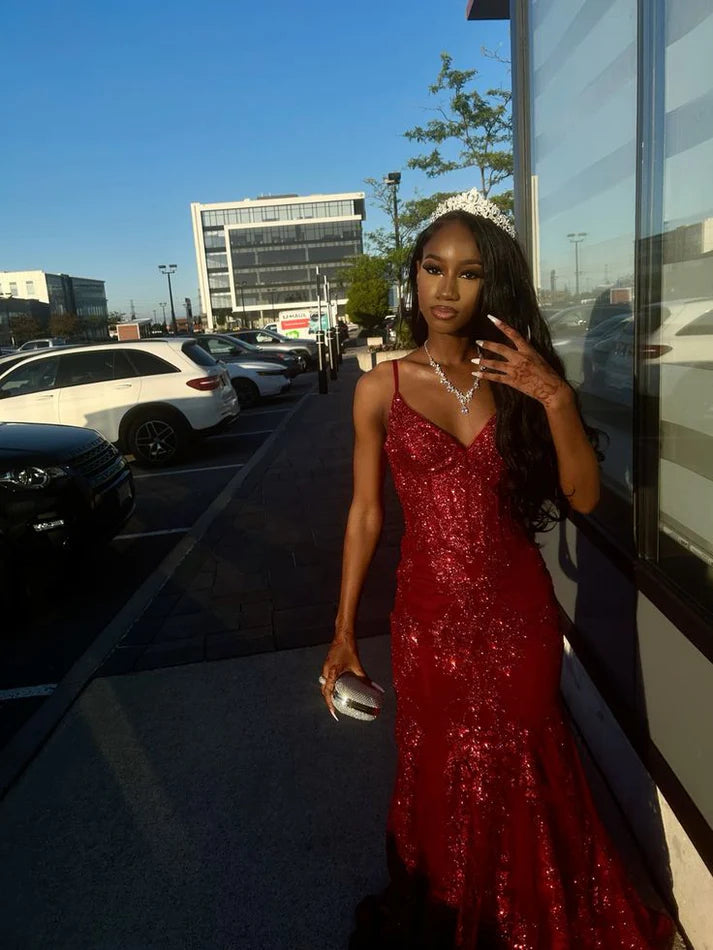sequin burgundy prom dress Elegant Spaghetti Strap Mermaid Long Prom Dresses Sequin Burgundy New –  EvaFashionDress