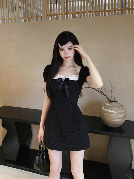 French A-line bow stitching black dress ED0474
