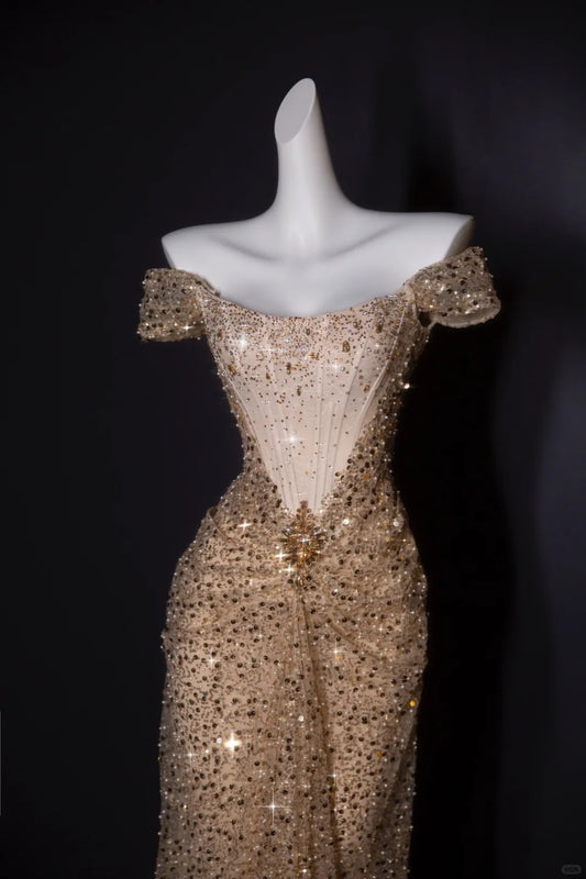 Glam Off-the-shoulder Sheath Long Prom Dresses Tulle Sequins Gold New Year's Evening Dresses Sparkly Birthday Dresses ED04751