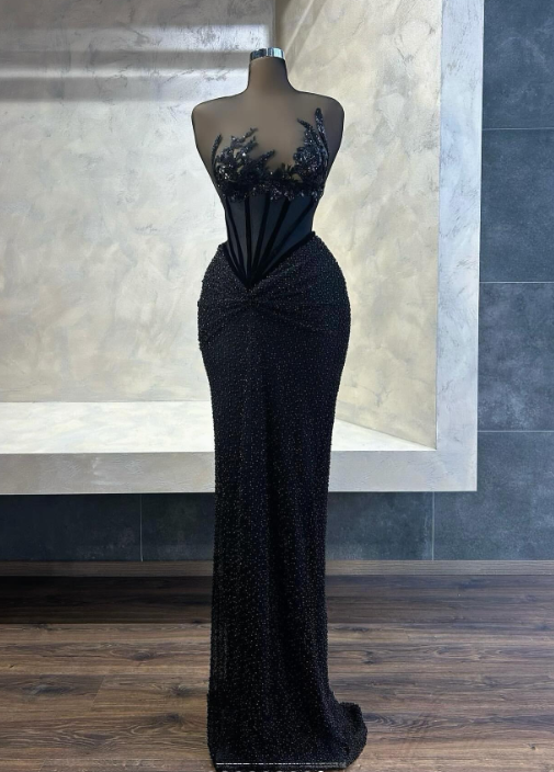 Sexy Strapless Sheath Long Prom Dresses Tulle BeadedBlack New Year Evening Dresses ED04752