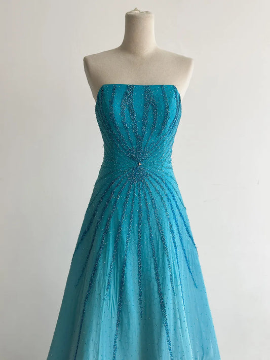 Gorgeous Strapless A-Line Long Prom Dresses Beaded Chiffon Blue Formal Dresses Vintage Evening Dresses ED04755