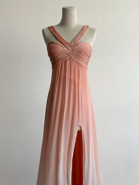Gorgeous V-neck Sheath Long Prom Dresses Vintage Chiffon Peach Evening Dress with Slits ED04756
