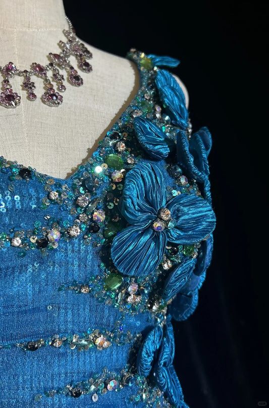 Gorgeous Asymmetric Neck Mermaid Long Prom Dresses Vintage Tulle Sequin Blue Evening Dress Applique Sweet 16 Dress ED04758