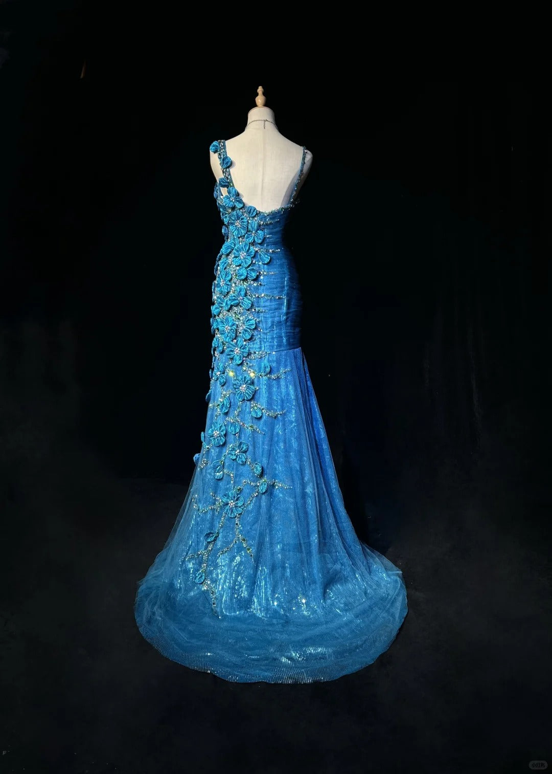 Gorgeous Asymmetric Neck Mermaid Long Prom Dresses Vintage Tulle Sequin Blue Evening Dress Applique Sweet 16 Dress ED04758