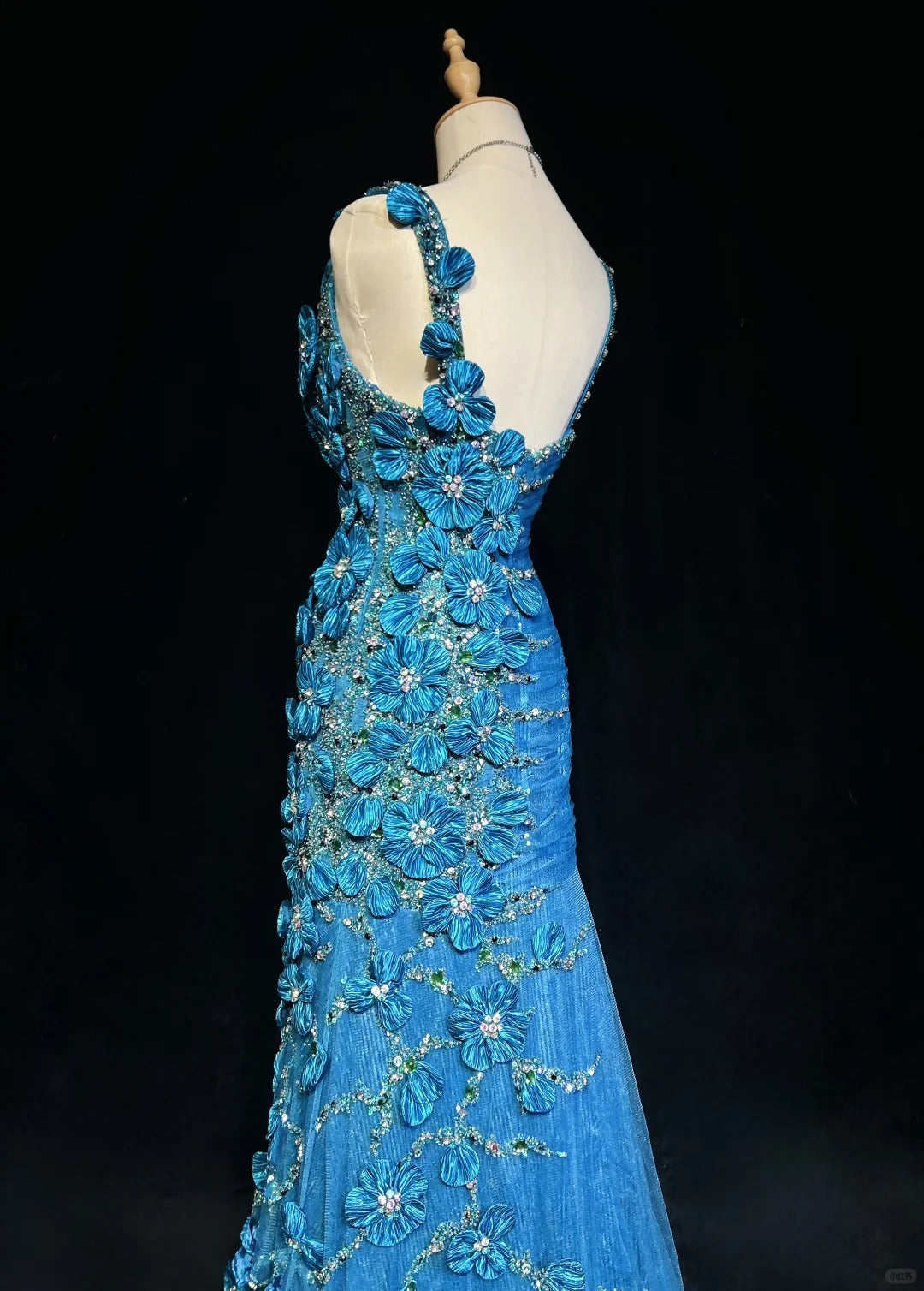 Gorgeous Asymmetric Neck Mermaid Long Prom Dresses Vintage Tulle Sequin Blue Evening Dress Applique Sweet 16 Dress ED04758