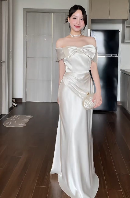 Elegant Sheath White Formal Dresses Satin Off-the-shoulder Wedding Guest Dresses Cute Birthday Dresses ED04760