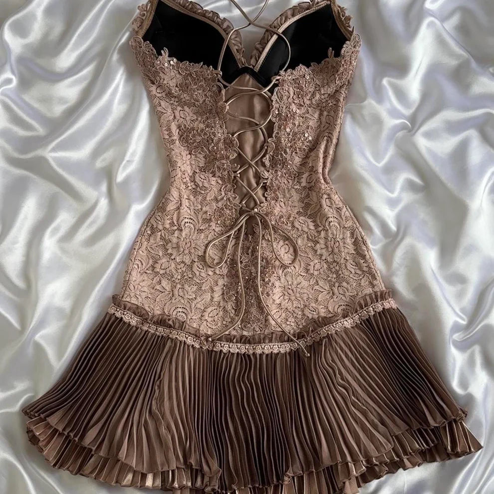 Sweet Pink Spaghetti Strap Chiffon Party Dresses Lace Applique Short Prom Dresses Homecoming Dress ED04761