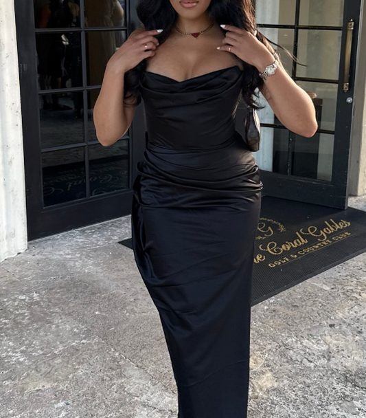 Elegant Strapless Sheath Long Prom Dresses Satin Black Evening Dresses ED04764