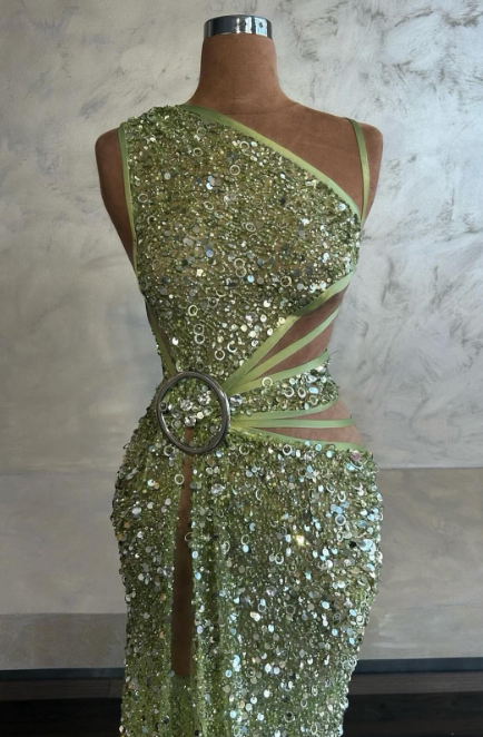 Chic Asymmetric Sheath Long Prom Dresses Tulle Sequins Green Evening Dresses with Slits ED04765