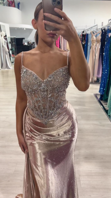 Elegant Spaghetti Strap Sheath Long Prom Dresses Satin New Year's Eve Dresses with Slits ED04770
