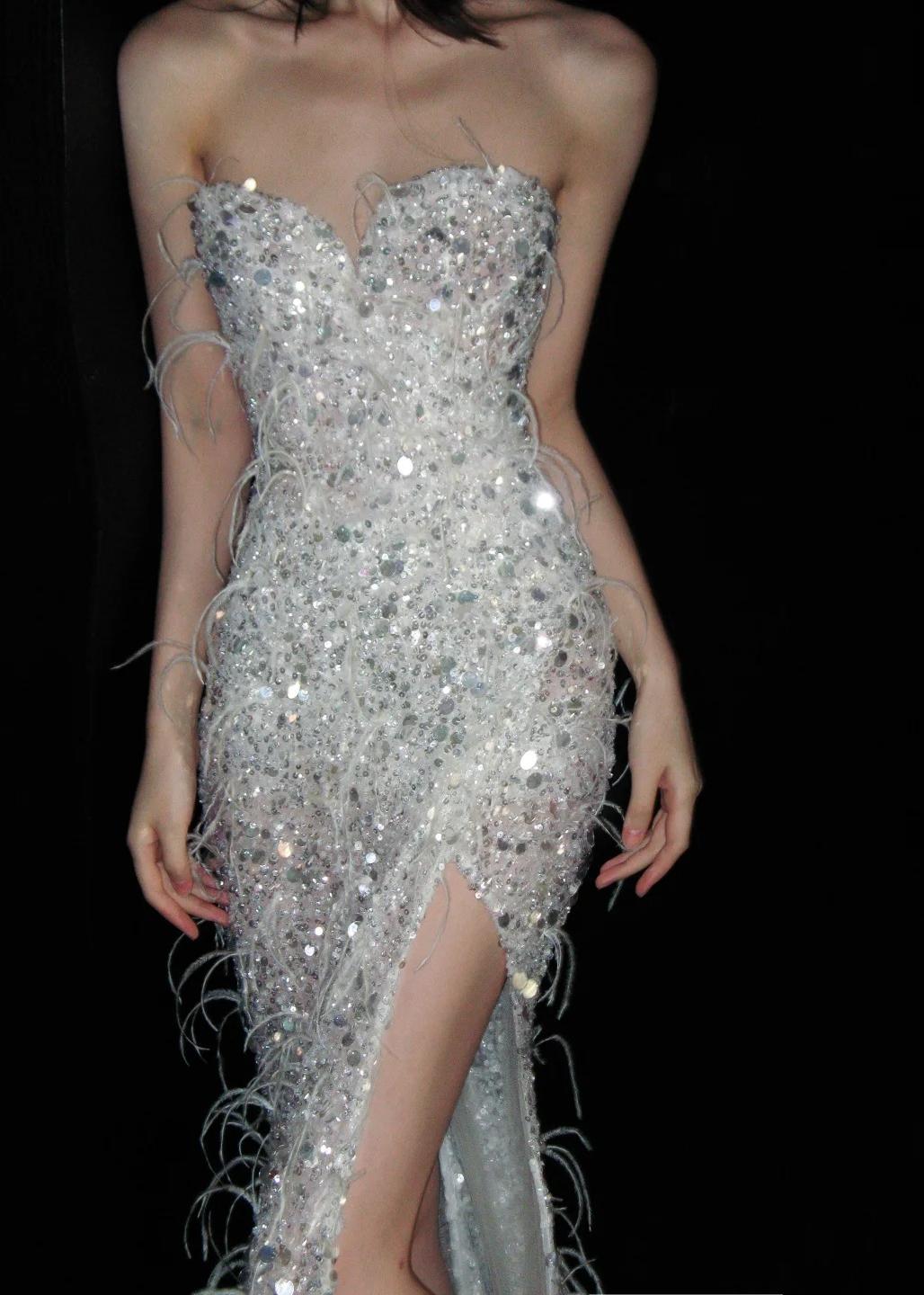 Robes d'anniversaire élégantes bleu dégradé, col en V, paillettes, mousseline, fourreau, robes de bal, robes de soirée ED04456