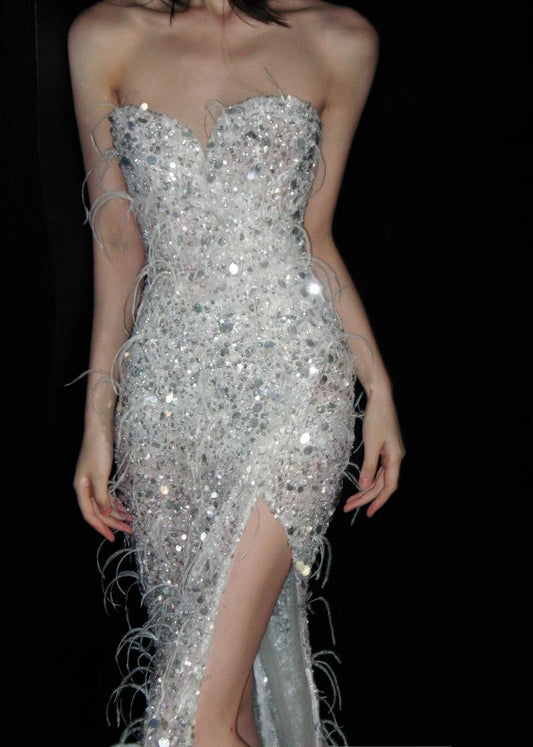 Chic Sweetheart Mermaid Long Prom Dresses Sequined White Evening Dresses with Slits ED04772