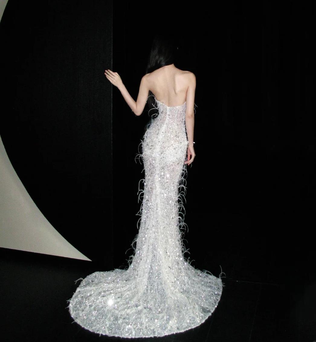 Robes d'anniversaire élégantes bleu dégradé, col en V, paillettes, mousseline, fourreau, robes de bal, robes de soirée ED04456