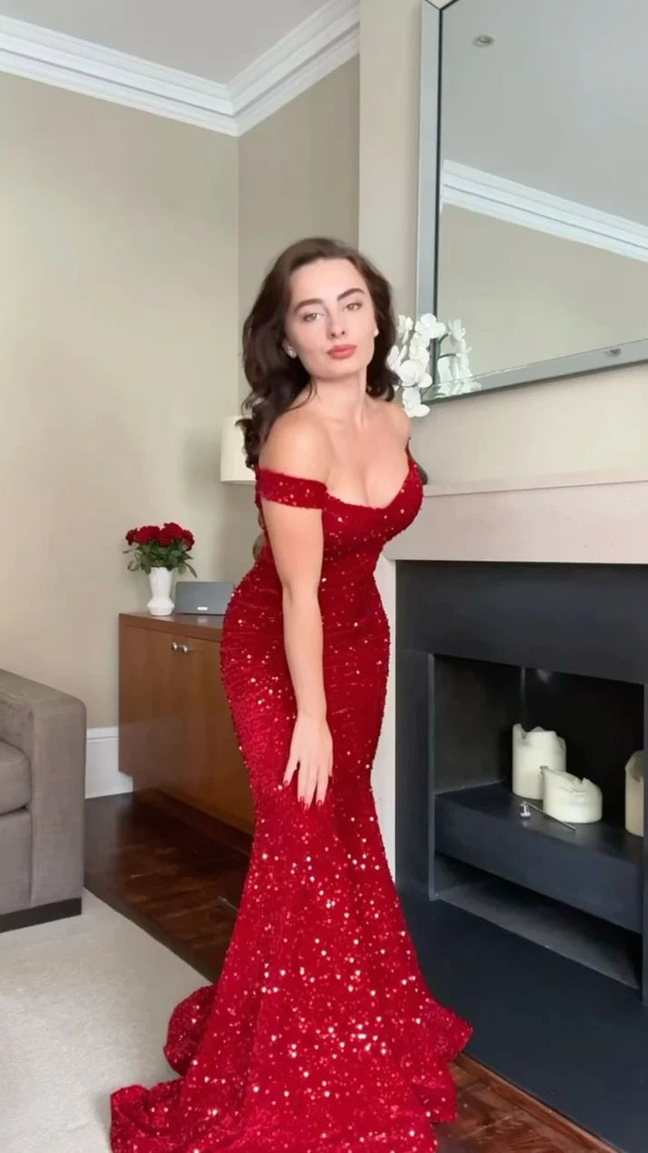off the shoulder new years eve dress Elegant Off-the-shoulder Mermaid Long Prom Dresses Sequin Red New Year –  EvaFashionDress