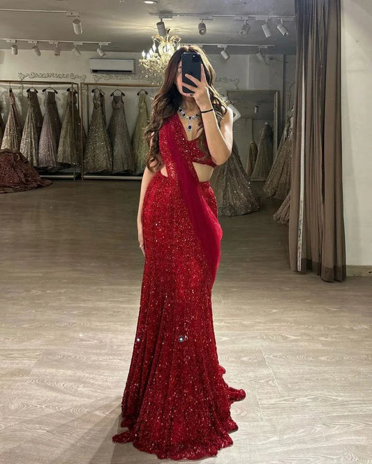 Elegant Two-Piece Mermaid Long Prom Dresses Sequin Red New Year's Eve Dresses ED04780