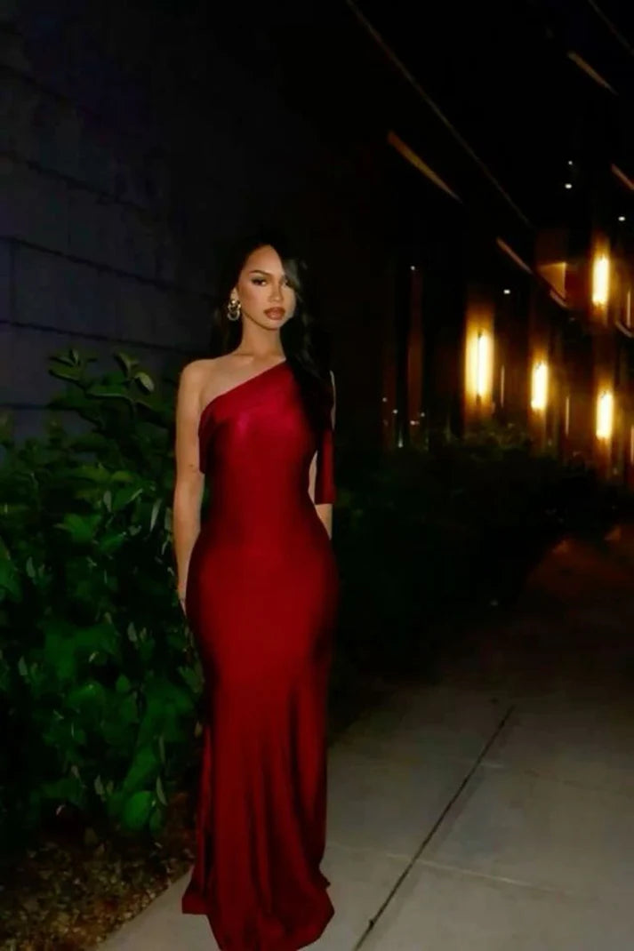 Elegant One Shoulder Sheath Long Prom Dresses Satin Wine Red New Year's Eve Dresses ED04781
