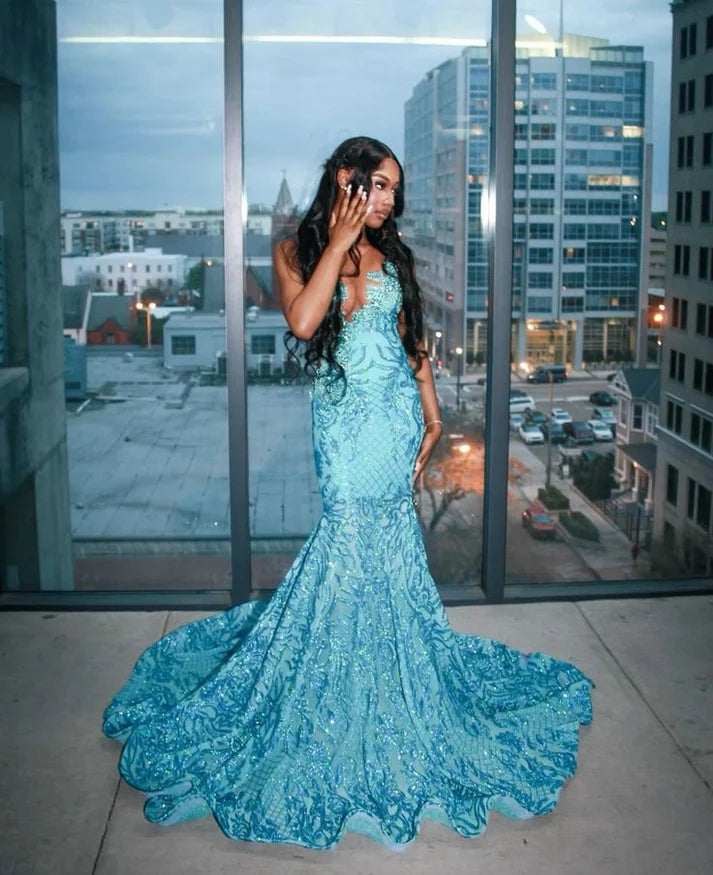 Elegant Sweetheart Neck Mermaid Long Prom Dresses Satin Applique Blue New Year's Eve Dresses ED04782