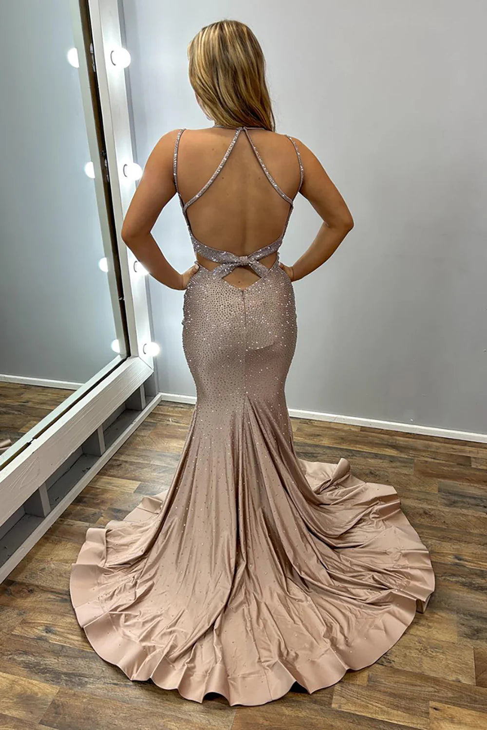 Elegant Spaghetti Strap Sheath Long Prom Dresses Satin Champagne Wedding Guest Dresses ED04784